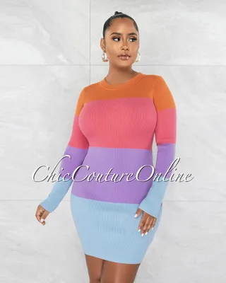 Temela Pink Baby Blue Color Block Ribbed Dress