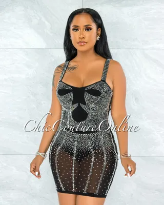 Pelicia Black Silver Rhinestones Mesh Bodysuit Dress