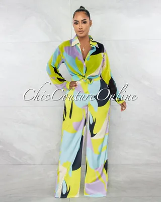 Teige Green Multi-Color Print Sheer Shirt & Wide Pants Silky Set