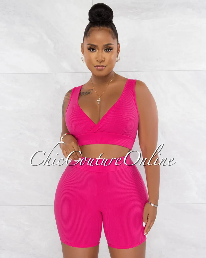 Chic Couture Online Jadal Fuchsia Crop Top & Bike Shorts Ribbed