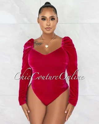 Halene Fuchsia Velvet Long Bubble Sleeves Bodysuit