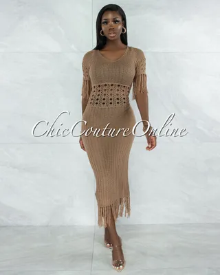 Casina Mocha Crochet Cover-Up Fringe Maxi Dress