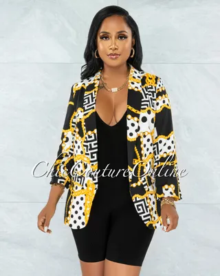 Abedi White Black Gold Print Boyfriend Long Blazer