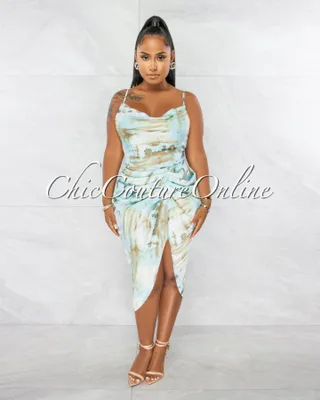 Taisha Baby Blue Olive Print Ruched Silky Midi Dress