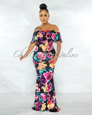 Connely Black Fuchsia Floral Off-The Shoulder Maxi Dress