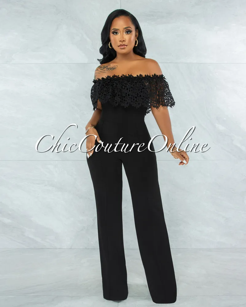 Amaretto Black Off-The Shoulder Crochet Top Jumpsuit