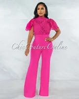 Charity Fuchsia Crochet See-Thru Top Ruffle Sleeves Jumpsuit