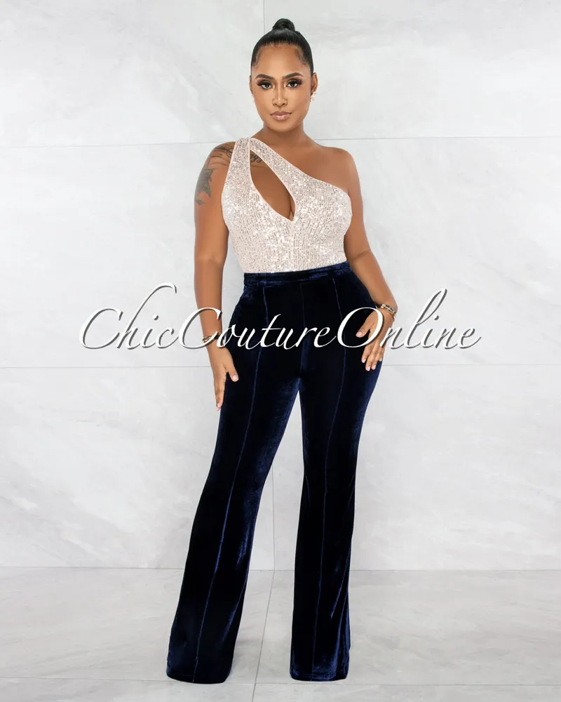 Chic Couture Online Belize Navy Blue Velvet Palazzo Pants