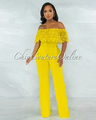 Amaretto Lime Off-The Shoulder Crochet Top Jumpsuit