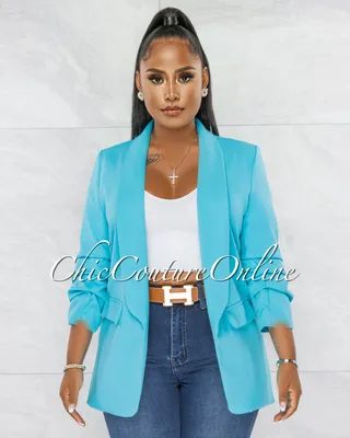 Stephanelle Turquoise Ruched Sleeves Long Blazer