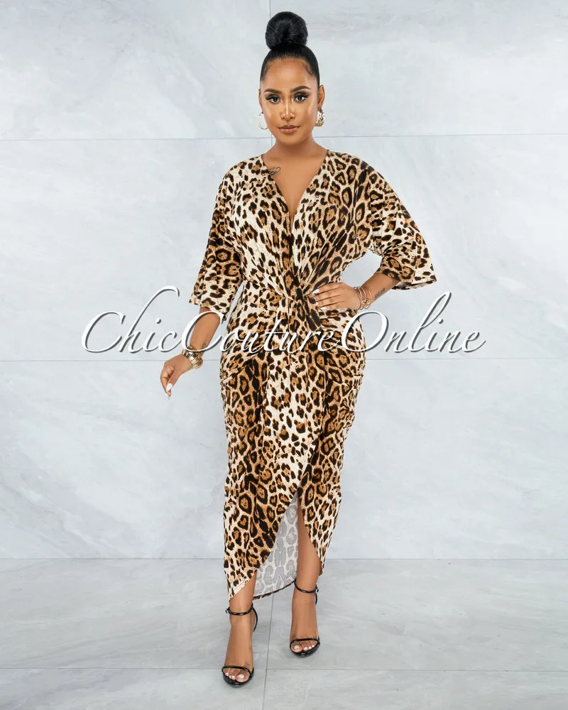 Rolanda Leopard Print Draped Front Slit Midi Dress