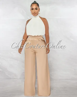 Thomas Ivory Pleated Top & Gold Silky Two-Tone Jumpsuit