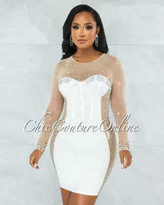 Marlene Off-White Nude Iridescent Rhinestones Accents Dress