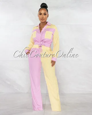 Tesher Pink Yellow Stripes Shirt & Wide Pants Set