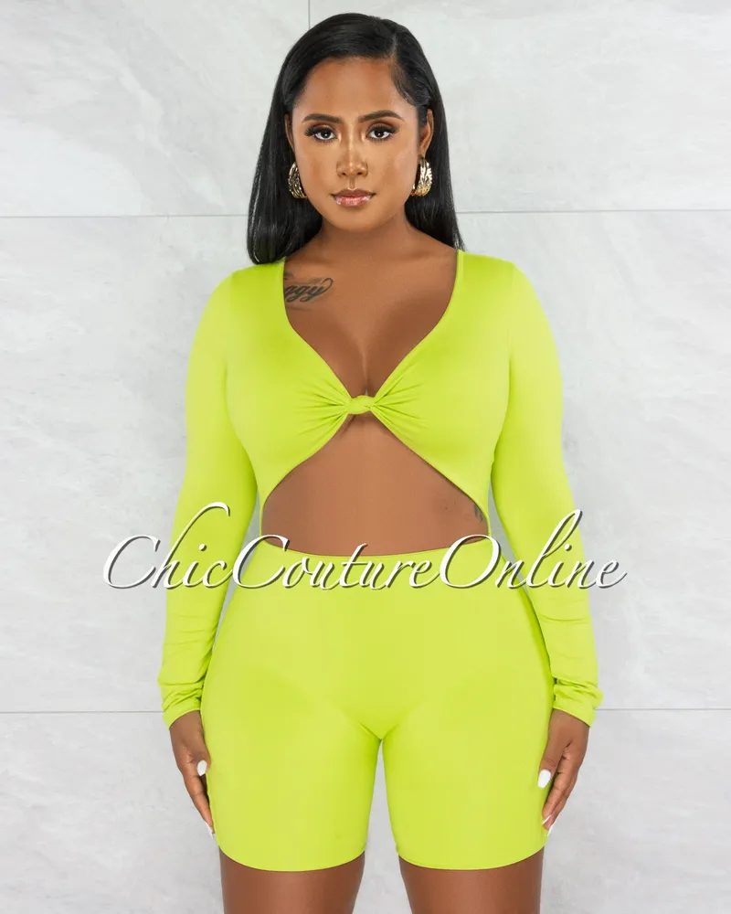 Ligia Lime Green Front Knot Cut-Out Double Lined Romper