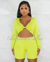 Ligia Lime Green Front Knot Cut-Out Double Lined Romper