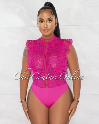 Dayra Hot Pink Lace See-Through Crochet Details Bodysuit