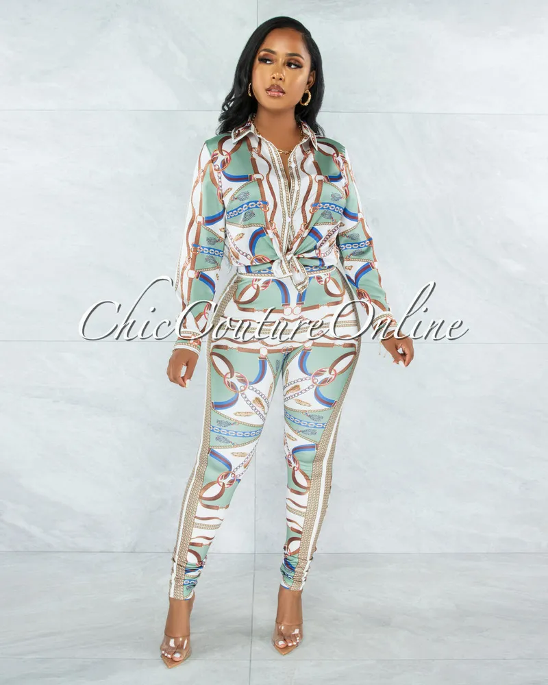 Kalwa Sage Multi-Color Print Blouse & Leggings Set