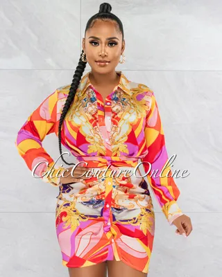 Obas Orange Print Satin Draped Shirt Dress