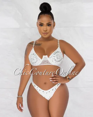 Symone Off-White Silver Rhinestones Three Piece Set Swimsuit