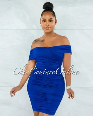 Taraneh Royal Blue Draped Crossed Neckline Midi Dress