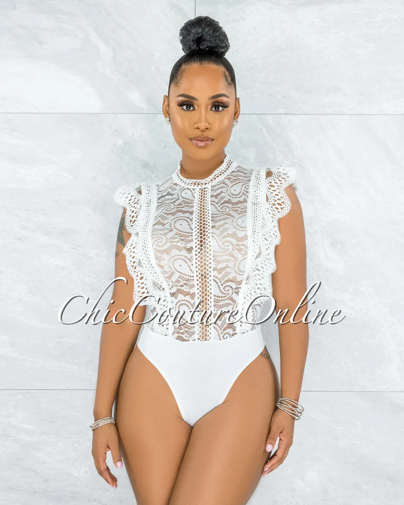 Vendor-unknown Dayra Off-White Lace See-Through Crochet Details Bodysuit