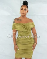 Taraneh Olive Green Draped Crossed Neckline Midi Dress