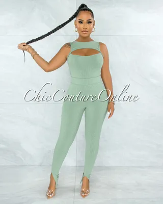 Winda Sage Cut-Out Bodysuit & Leggings Ribbed Set