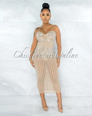 Victoriana Nude Mesh Iridescent Rhinestones Bodysuit Dress