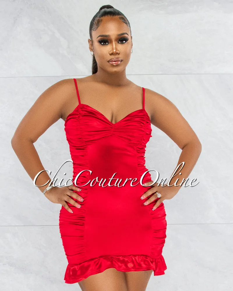 Crissan Red Satin Ruched Ruffle Mini Dress