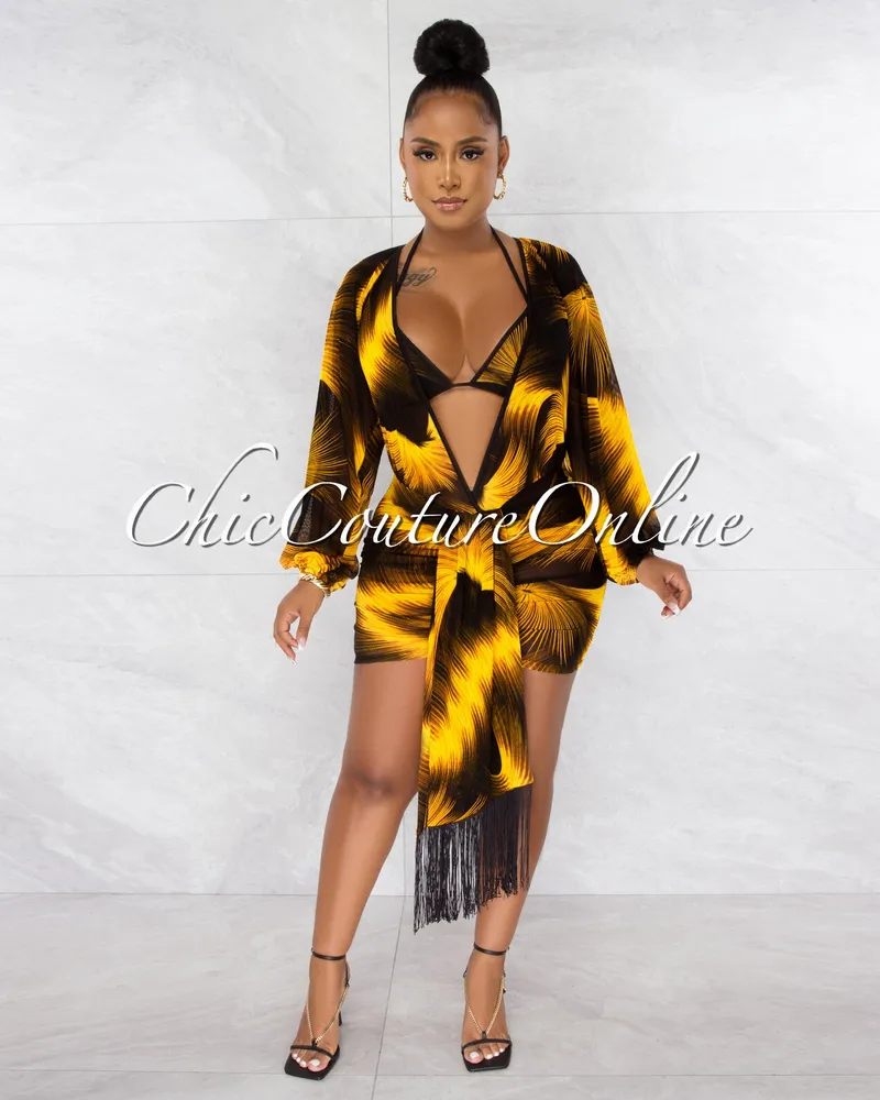 Merrit Mustard Black Print Cover-Up 3 Piece Swimsuit Set