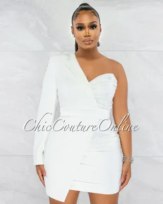 Marty Off-White Satin Tuxedo Single Sleeve Dress