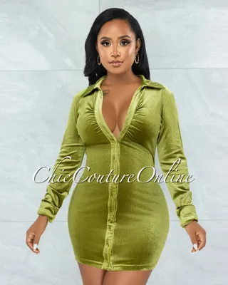 Giovanna Pickle Green Velvet Buttons Drape Shirt Mini Dress