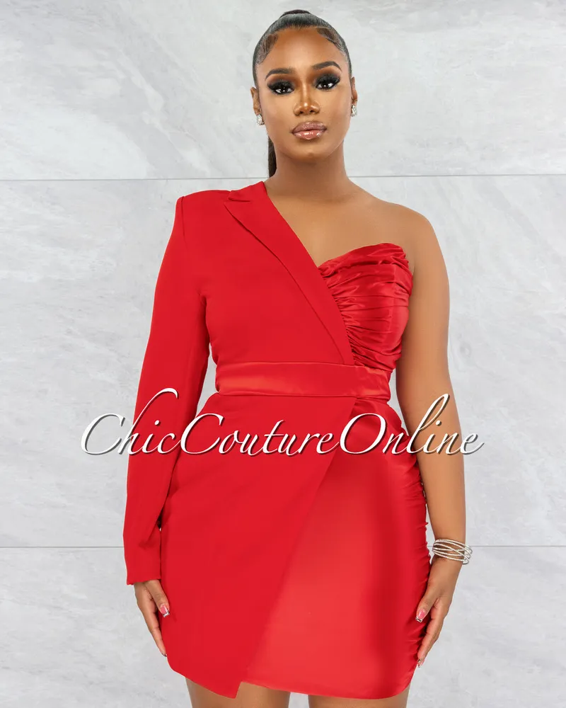 Marty Red Satin Tuxedo Single Sleeve Dress