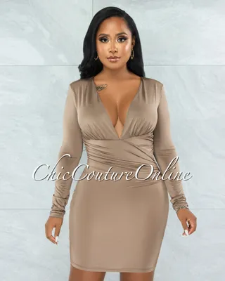 Leoda Taupe V-Neck Draped Waist Mini Dress