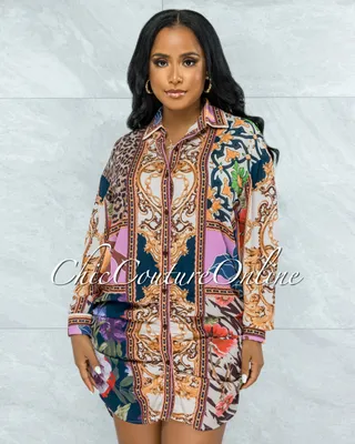 Pleun Brown Pink Multi-Color Print Buttons Drape Shirt Dress