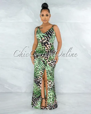Oscar Leopard Green Leaf Print Side Slit Maxi Dress