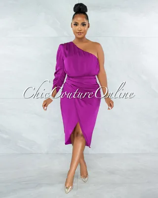 Folgar Purple Draped Single Shoulder Midi Dress