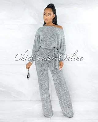 Bakura Silver Shimmer Texture Self-Tie Belt Jumpsuit (No Mask)