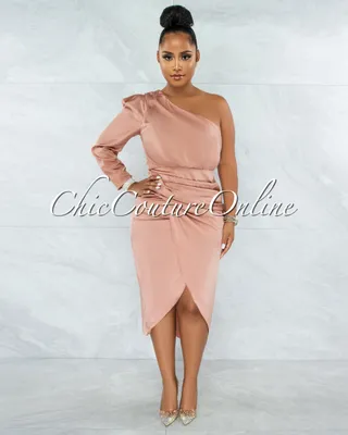 Folgar Salmon Draped Single Shoulder Midi Dress