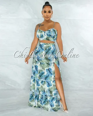 Precious Blue Green Leaf Print Crop Top & Maxi Skirt Set