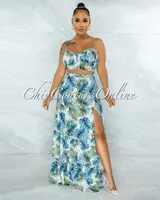 Precious Blue Green Leaf Print Crop Top & Maxi Skirt Set