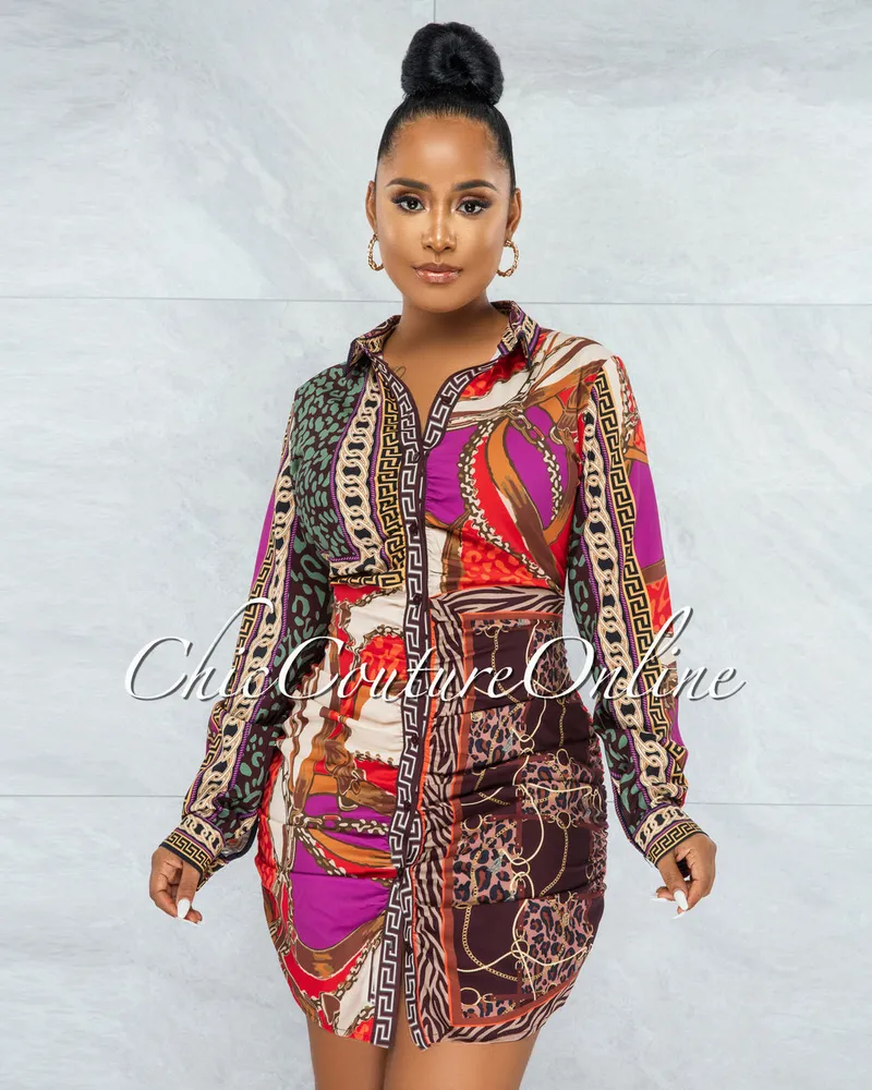 IndyMarie Brown Multi-Color Print Buttons Drape Shirt Dress