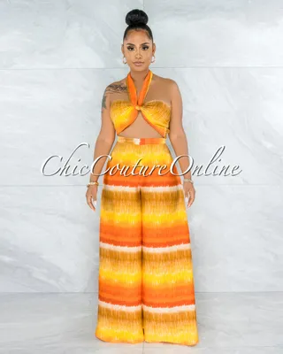 Kristy Yellow Orange Print Front Tie Top & Wide Legs Set