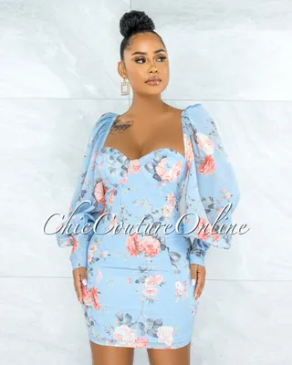 Mikan Baby Blue Floral Print Padded Cups Mini Dress