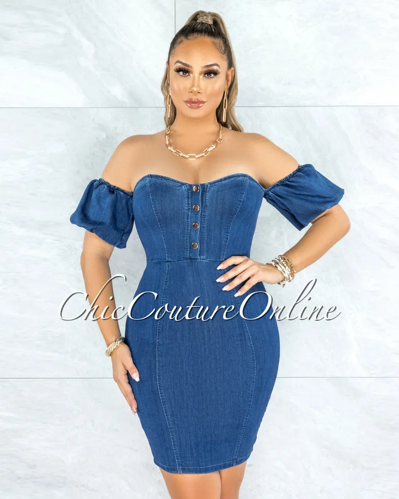 Hobson Dark Denim Bubble Sleeves Dress