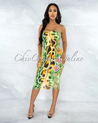 Stella Green Multi-Color Snake Print Tube Midi Dress