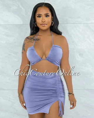 Warner Lavender Self-Tie Crop Top & Ruched Mini Skirt Set