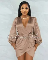 Emery Mocha Long Bubble Sleeves Wrap Satin Mini Dress