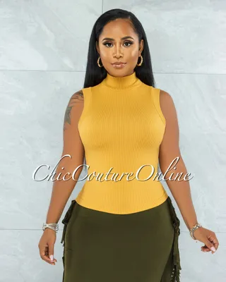 Conrado Dusty Mustard Ribbed Mock Neckline Top